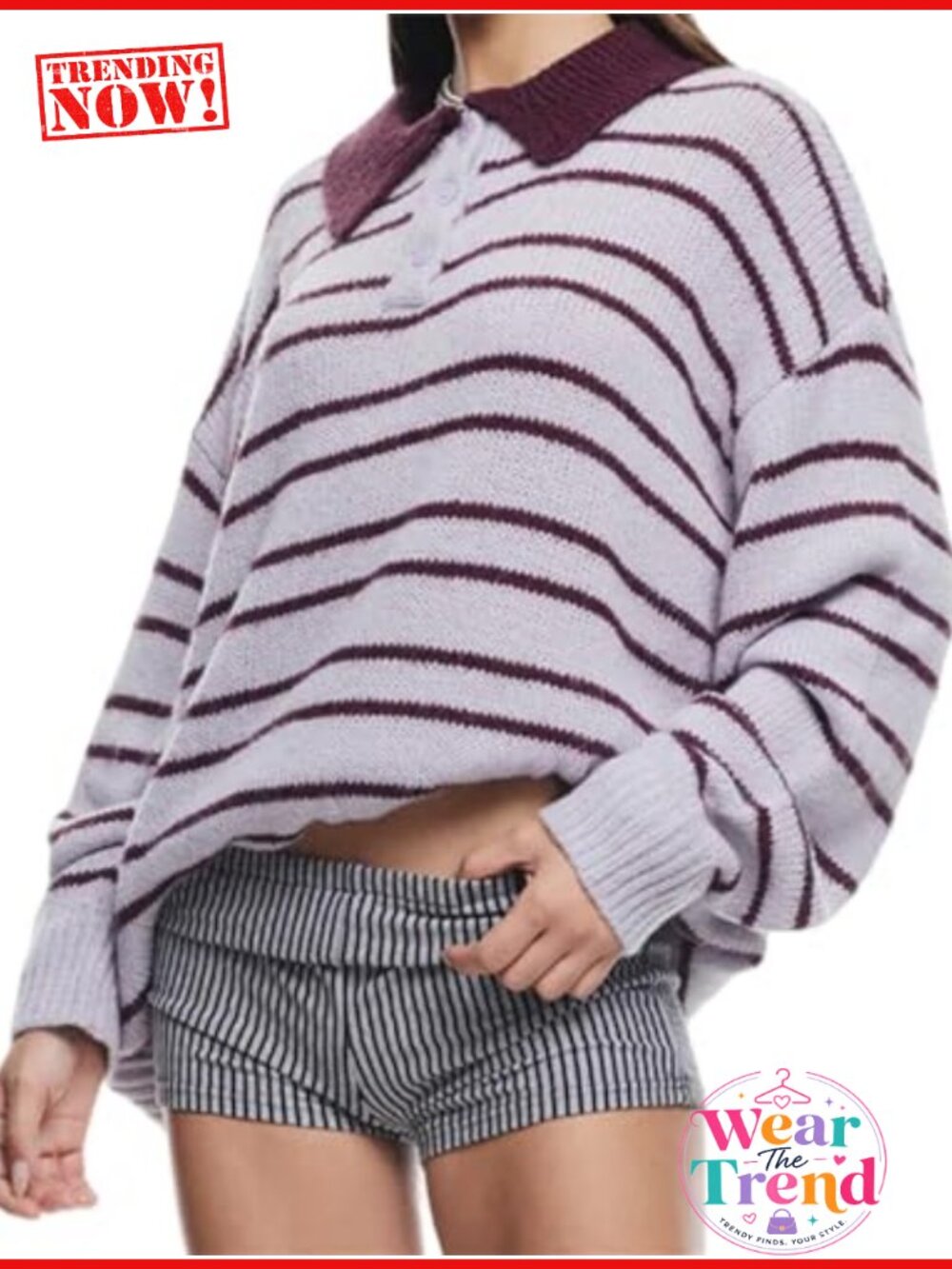 Striped Rugby Sweater Womens Lapel Polo V Neck Long Sleeve Knit Pullover